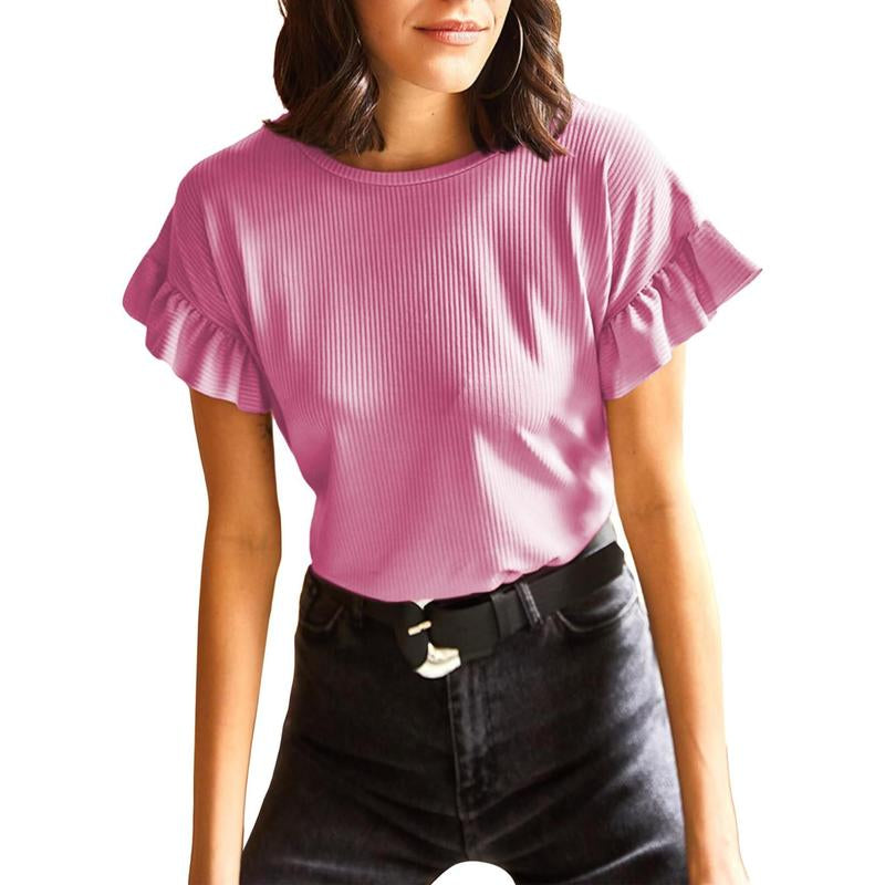 EVALESS Womens Short Sleeve Casual Camisole T Shirts Summer Ruffle Plain Crewneck Knitter Comfort Loose Fitted Basic Tee Tops Womenswear