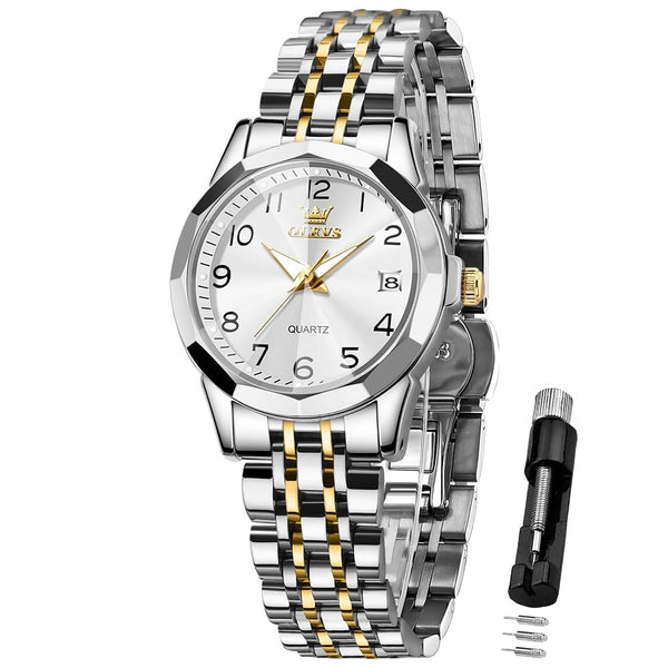 OLEVS Silver Watch for Women Number Dress Analog Quartz Small Female Watch Stainless Steel Waterproof Luminous Easy to Read Watch for Lady
