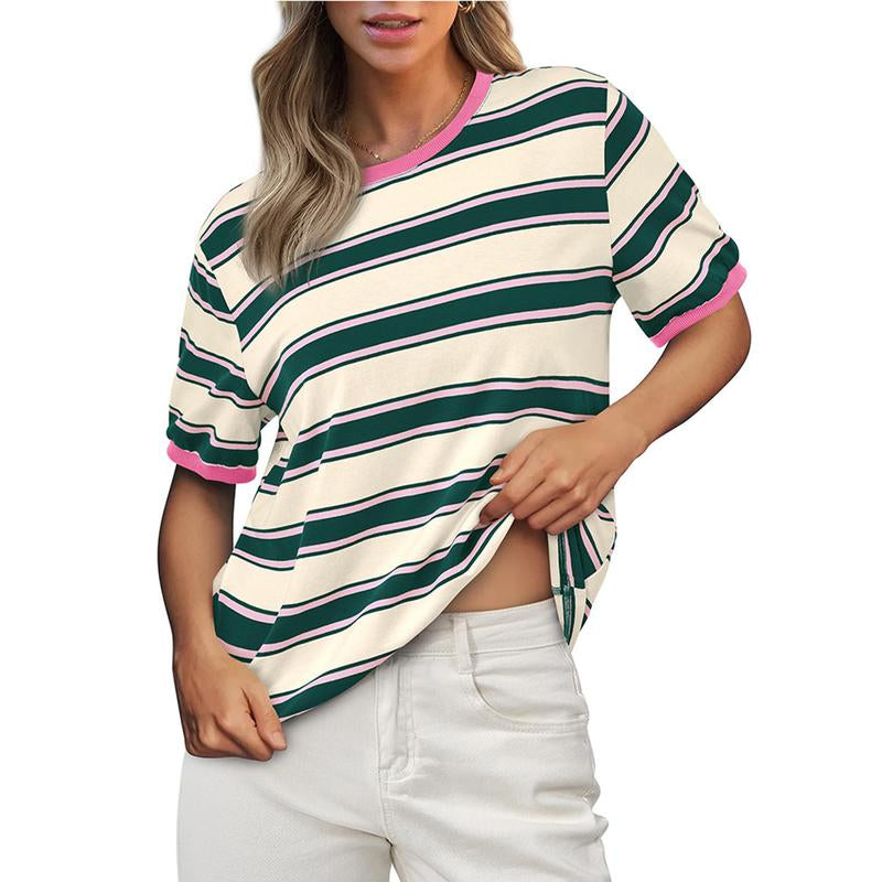 Womens Summer Tops Striped Color Block Short Sleeve T-Shirts Crewneck Casual Loose Basic Tee Blouses Outdoor Day Shirts Women