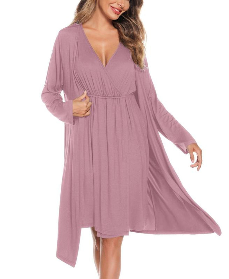 SWOMOG Women Maternity Nursing Gown and Robe Set 3 in 1 Soft Modal Fabric Nursing Gown for Hospital Bathrobe Pregnancy Postpartum Outfits Pregnant