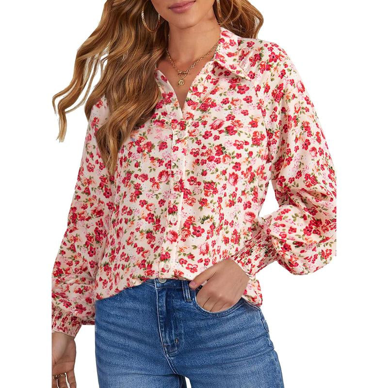 Dokotoo Women'S Casual V Neck Allover Floral Print Long Sleeve Chiffon Button down Blouses Bohemian Top Shirts Elegant Chic