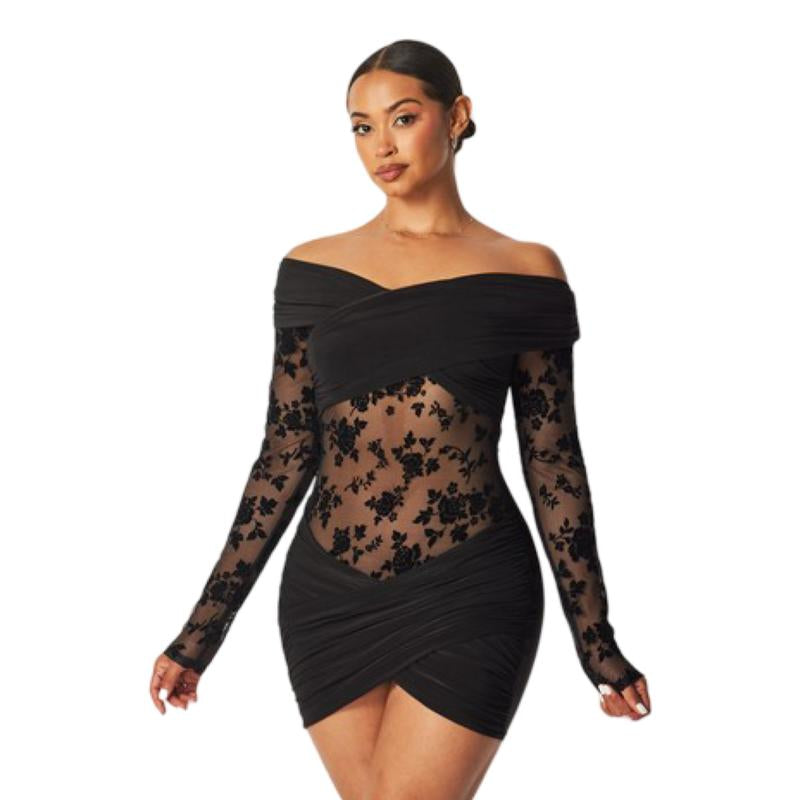 Off Shoulder Flower Detail Mesh Dress Women