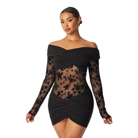 Off Shoulder Flower Detail Mesh Dress Women
