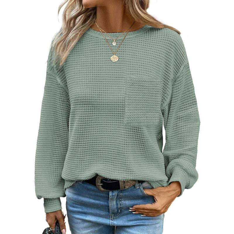 Dokotoo Womens Tops 2025 Oversized Long Sleeve Crewneck Waffle Knit Shirts Business Casual Blouses Basic Shirts Clothes Elegant