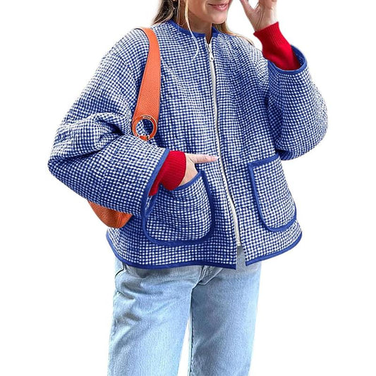 LAICIGO Womens Fall Winter Warm Jackets Fashion Crew Neck Quilted Plaid Jacket Full Zipper Coats