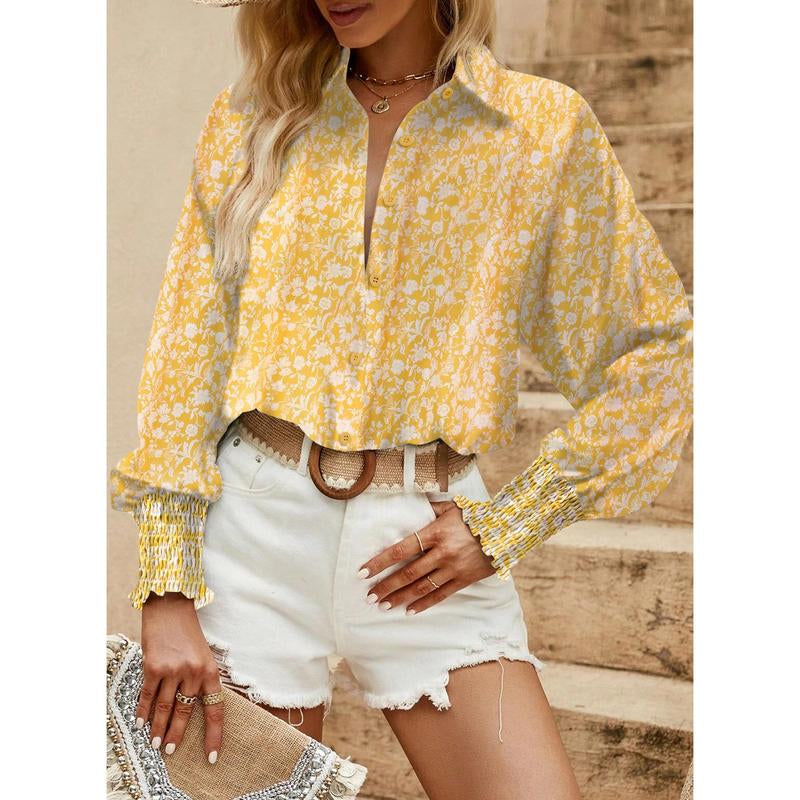 Dokotoo Women'S Casual V Neck Allover Floral Print Long Sleeve Chiffon Button down Blouses Bohemian Top Shirts Elegant Chic