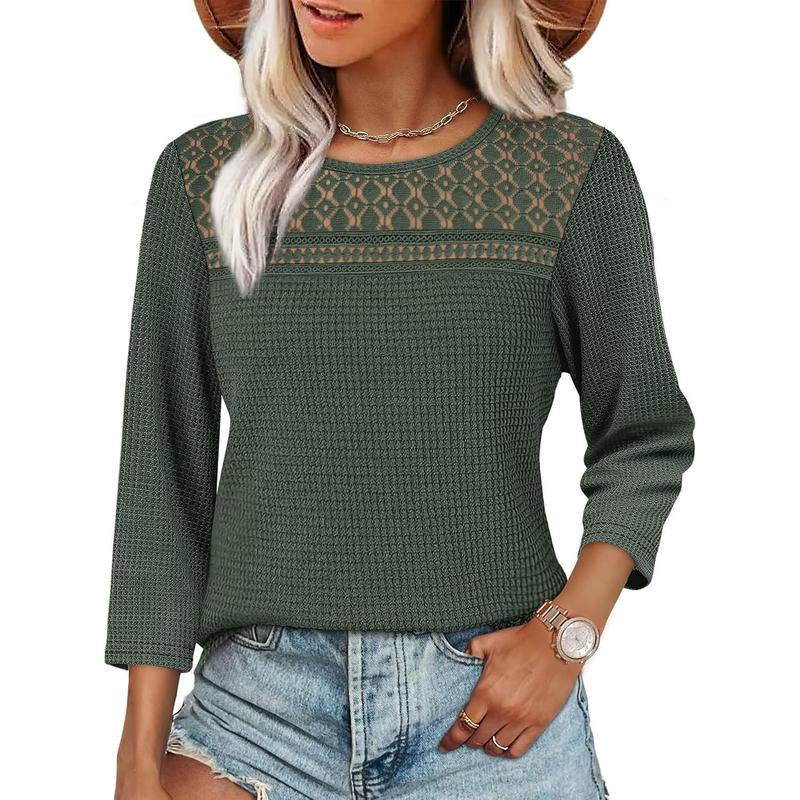 OFEEFAN Women Blouses Dressy Casual 3/4 Length Sleeve Tops plus Size Fall Clothes Lace Crochet Trendy Waffle Shirts