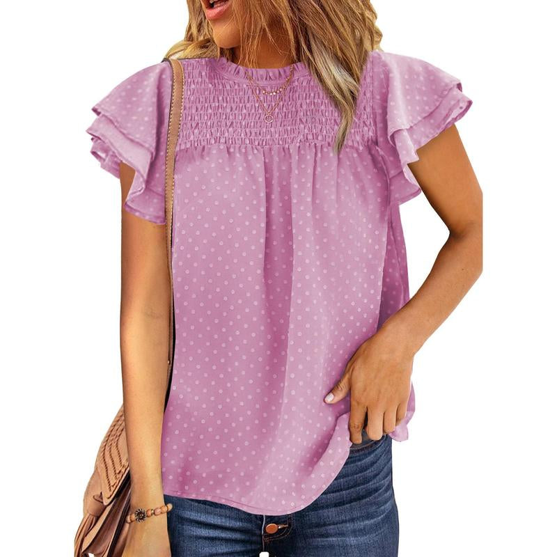 Dokotoo Womens Crewneck Lace Crochet Pom Pom Flowy Short Sleeve Casual Shirts Blouses Tops Summer Fit Denim Fashion Women'S Summer Outfits