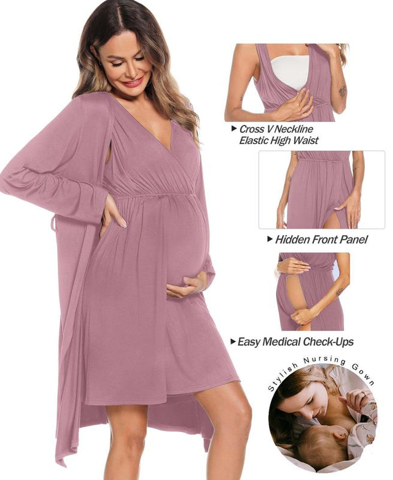 SWOMOG Women Maternity Nursing Gown and Robe Set 3 in 1 Soft Modal Fabric Nursing Gown for Hospital Bathrobe Pregnancy Postpartum Outfits Pregnant