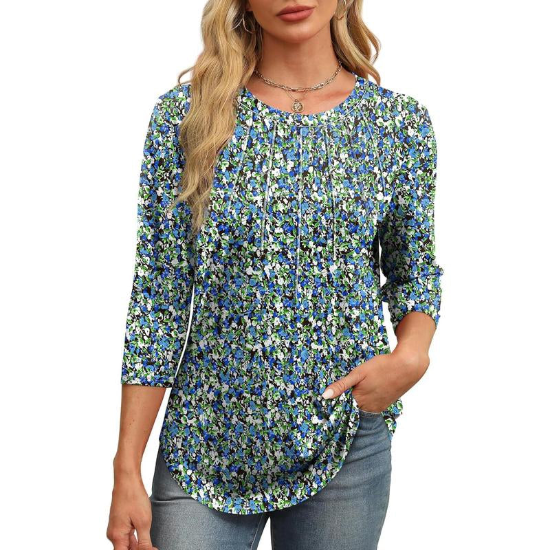 WIHOLL 3/4 Length Sleeve Womens Tops round Neck Casual Tunic Tops Basic Pleated Shirts Loose Fit 2024
