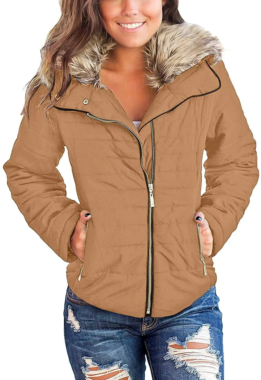 Women Parka Coat Pockets Quilted Puffer Jacket with Faux Fur Lapel, Size S-2XL
