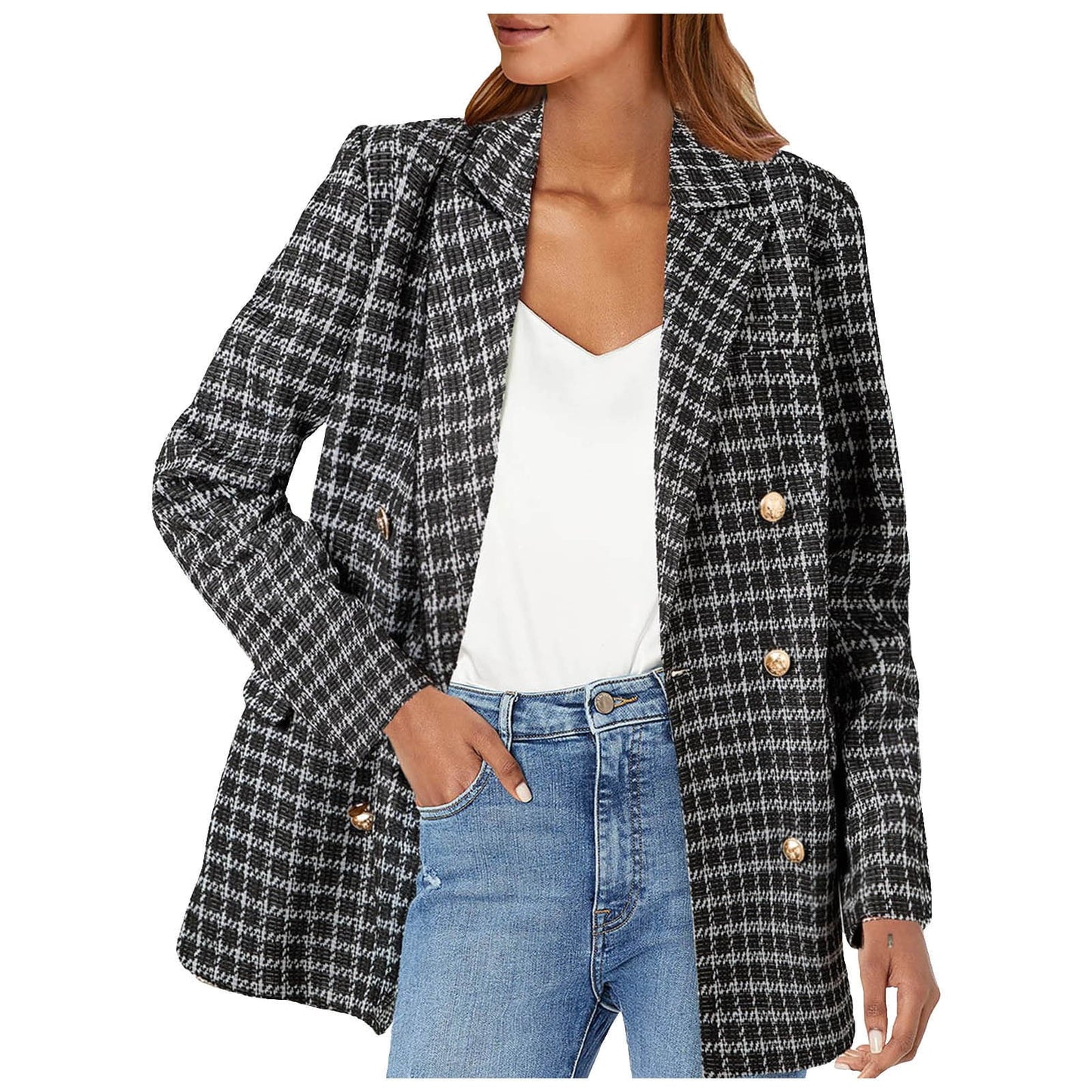 Womens Tweed Blazers Casual Jackets Long Sleeve Double Open Front Plaid Blazer Jackets Work Suits(Pink,M)