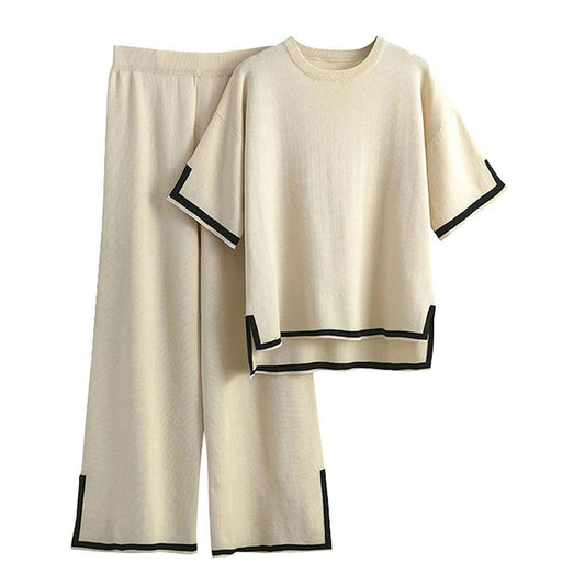 Naeduo Sweater Sets Women 2 Piece Lounge Sets Short Sleeve Knit Pullover Tops Wide Leg Pants