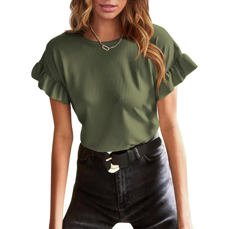 EVALESS Womens Short Sleeve Casual Camisole T Shirts Summer Ruffle Plain Crewneck Knitter Comfort Loose Fitted Basic Tee Tops Womenswear