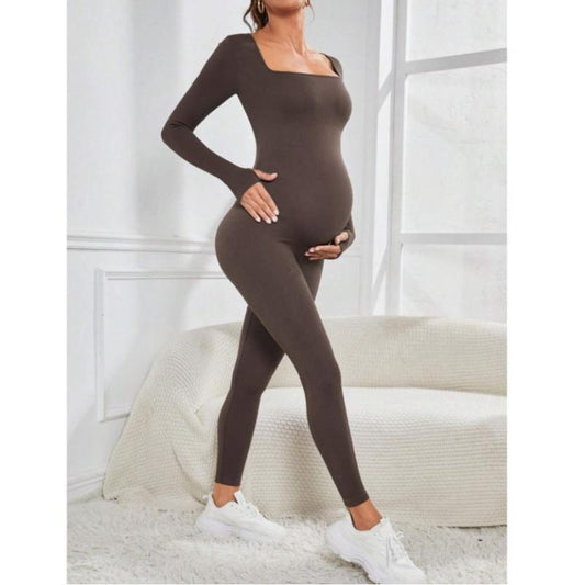 Maternity Seamless Yoga Jumpsuits Women'S One Piece Ribbed Square Neck Long Sleeved Romper with Workout Features