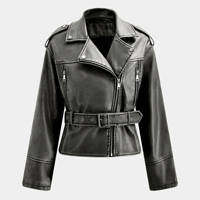 Katchme Womenswear Epaulets Zipper Belt Decor PU Biker Jacket Coats,Outerwear Jacket,Ladies Biker Zipper Pocket Clothes Womenswear