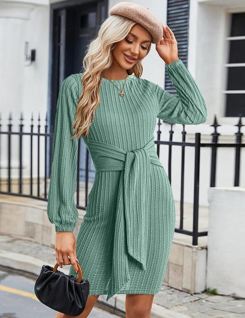 ZEAGOO Christmas Women'S Casual Knit Dress Long Lantern Sleeve Fall Bodycon Dress Crewneck Tie Waist Rib Knitted Sweater Dresses