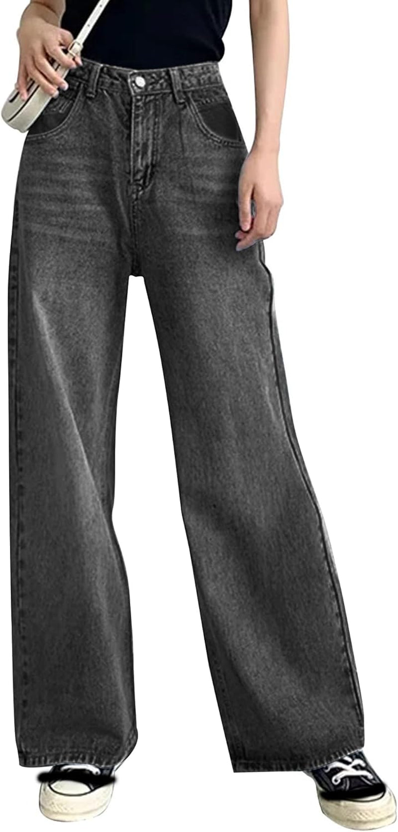 Baggy Wide Leg Jeans for Women High Waisted Trendy Flare Jeans Boyfriend Denim Pants with Patch Pockets