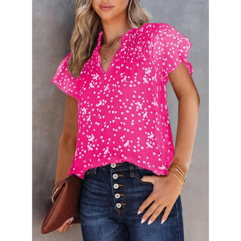 Dokotoo Women'S Casual V Neck Alicia Floral Print Smocked Short Sleeve Chiffon Blouses Bohemian Top Shirts