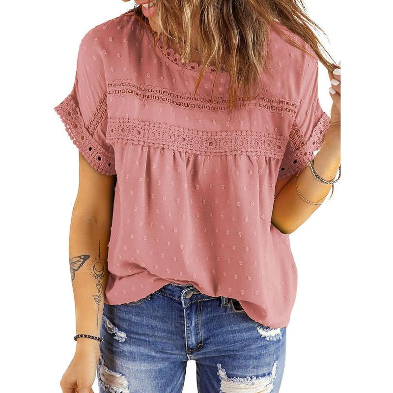 Dokotoo Womens Summer Tops Crewneck Lace Crochet Short Sleeve Shirts Casual Chiffon Blouses