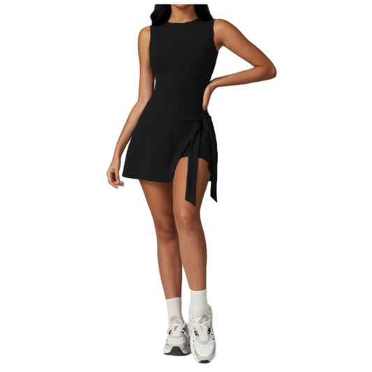 Women'S Tennis Dress with Built-In Shorts, Ruffle Side Slit and Tie Front Design - Sleeveless Athletic Dress for Summer Workouts Exercise Sport