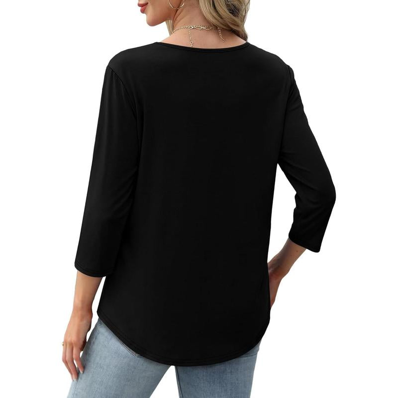 WIHOLL 3/4 Length Sleeve Womens Tops 2025 Crewneck Casual Pleated Tunic Tops Loose Fit Shirts Blouses Curved Hem