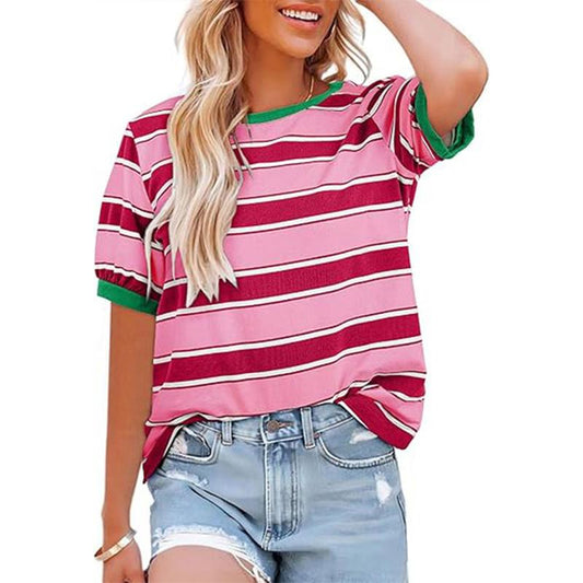 Womens Summer Tops Striped Color Block Short Sleeve T-Shirts Crewneck Casual Loose Basic Tee Blouses Outdoor Day Shirts Women