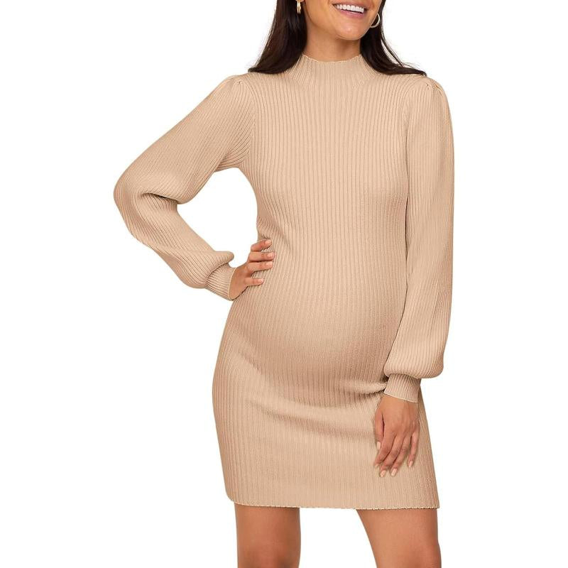 Wenrine Maternity Sweater Dress for Pregnant Women Turtleneck Puff Sleeve Knit Slim Fit Bodycon Mini Dress