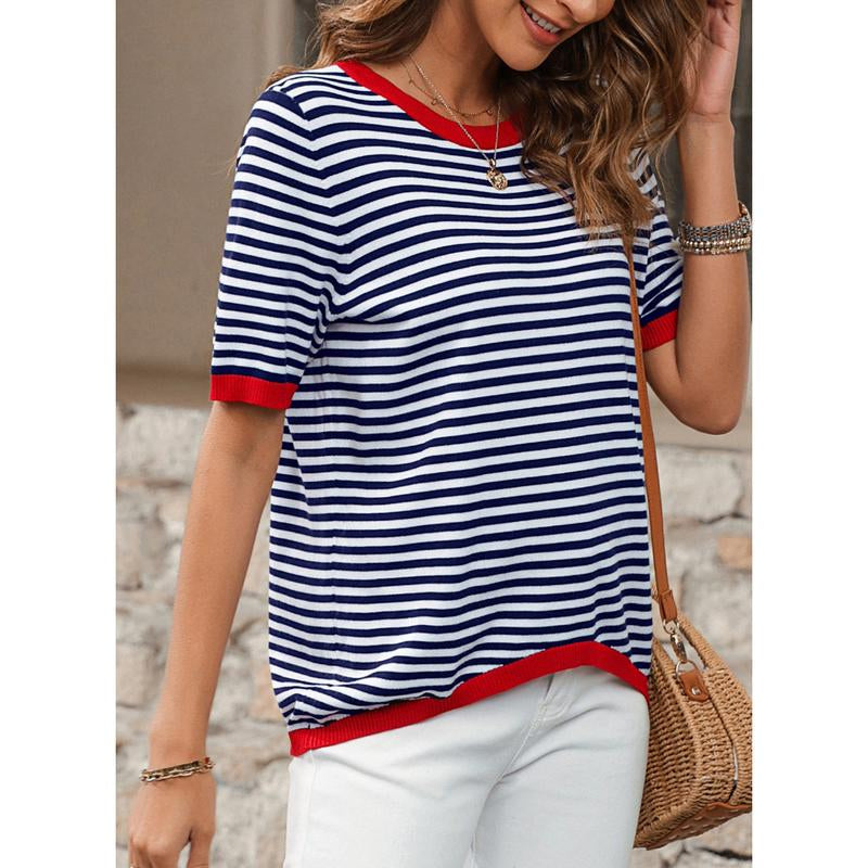 Dokotoo Womens Tops Casual Summer Crewneck Short Sleeve Striped Color Block Knit High Low Trendy Pullover Sweaters