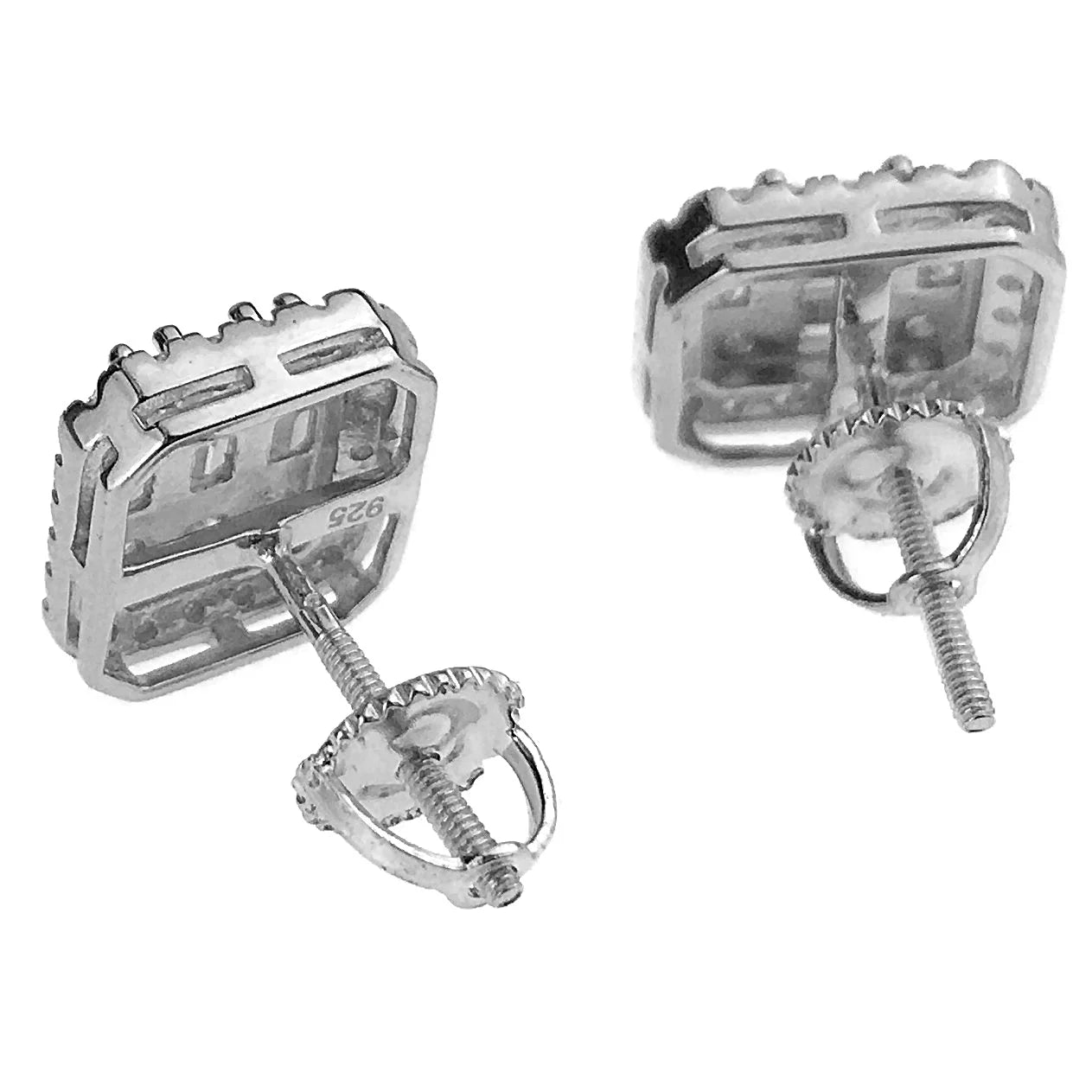 Real Solid 925 Sterling Silver Baguette Iced Earrings Bling Flooded Out CZ Screw Backs