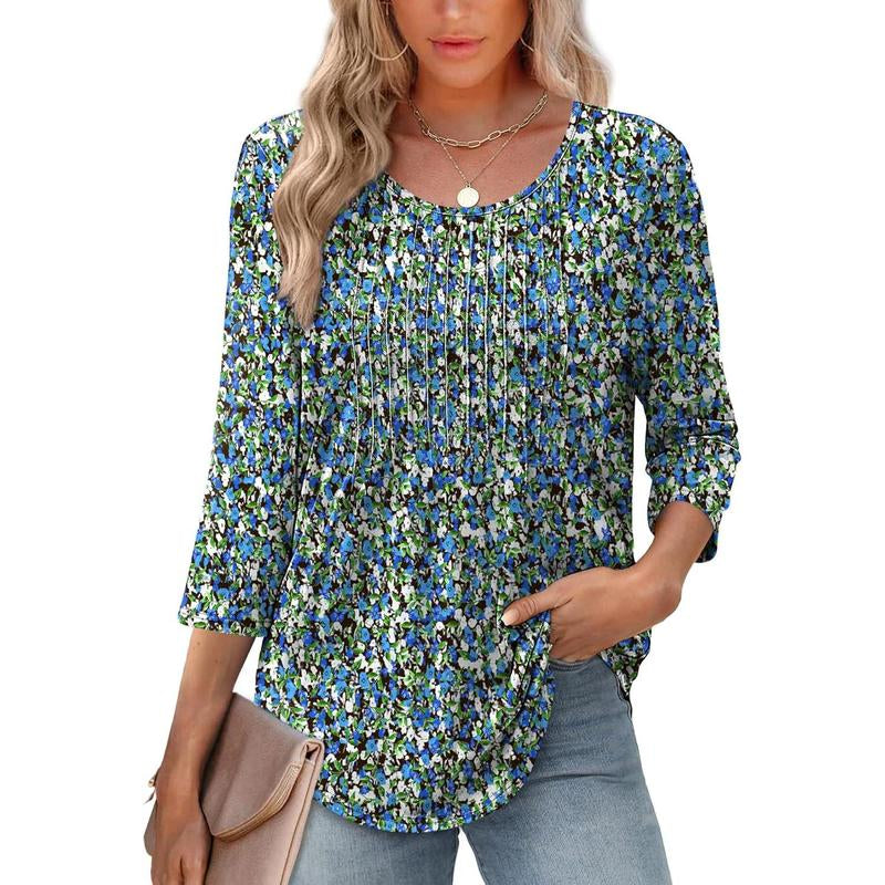 WIHOLL 3/4 Length Sleeve Womens Tops 2025 Crewneck Casual Pleated Tunic Tops Loose Fit Shirts Blouses Curved Hem