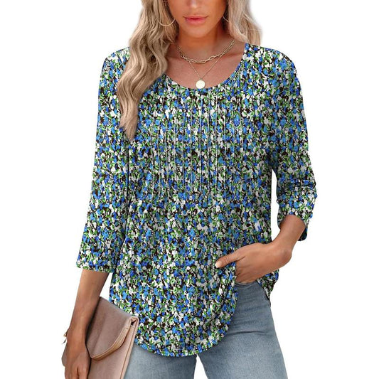 WIHOLL 3/4 Length Sleeve Womens Tops 2025 Crewneck Casual Pleated Tunic Tops Loose Fit Shirts Blouses Curved Hem