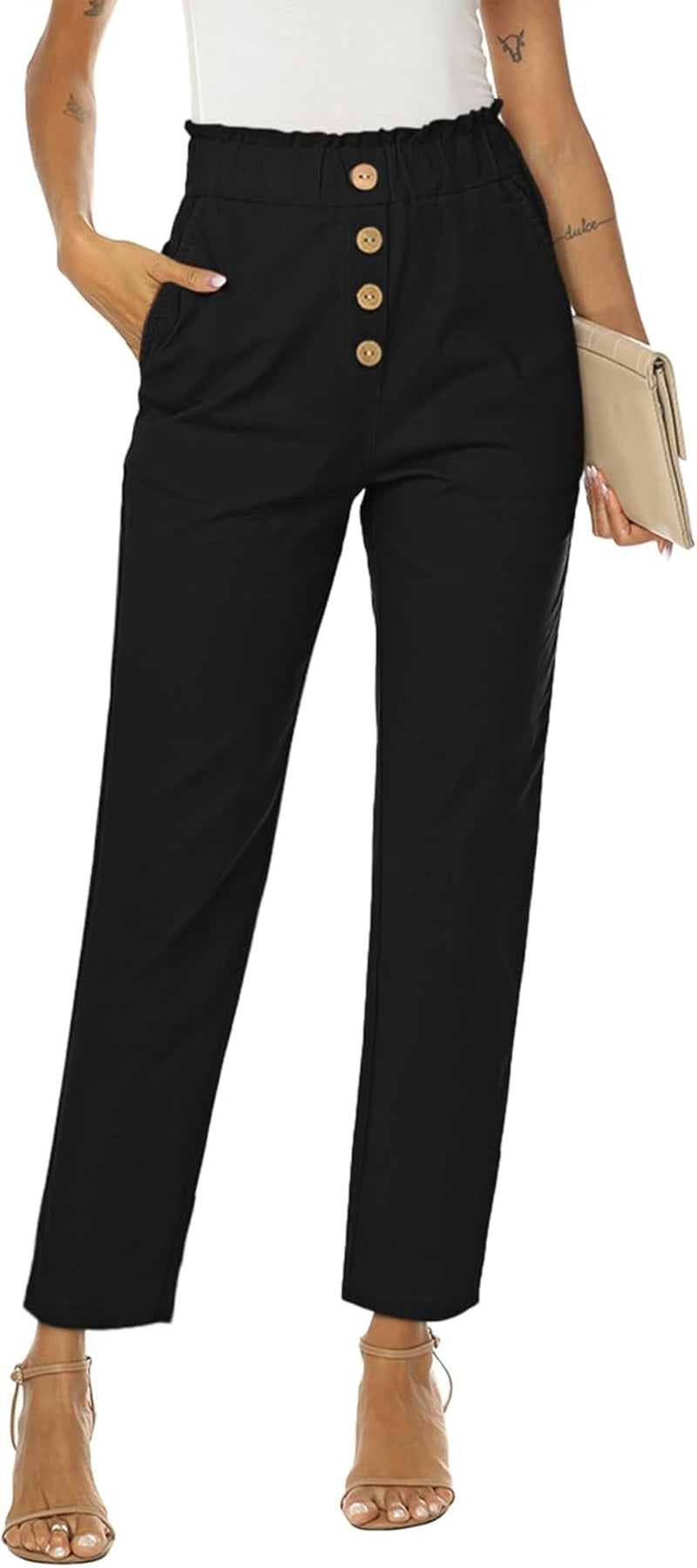 Womens Casual Pants High Waisted Work Pants Elastic Cropped Dress Paper Bag Pants with Pockets