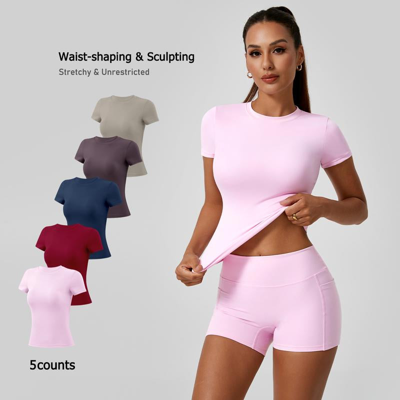 Timeoff 5 - Piece Solid Sports Tee Set , round Neck, Slim & Stretchy , Ideal for Yoga, Gym , Workouts – Women’S Athletic Wear