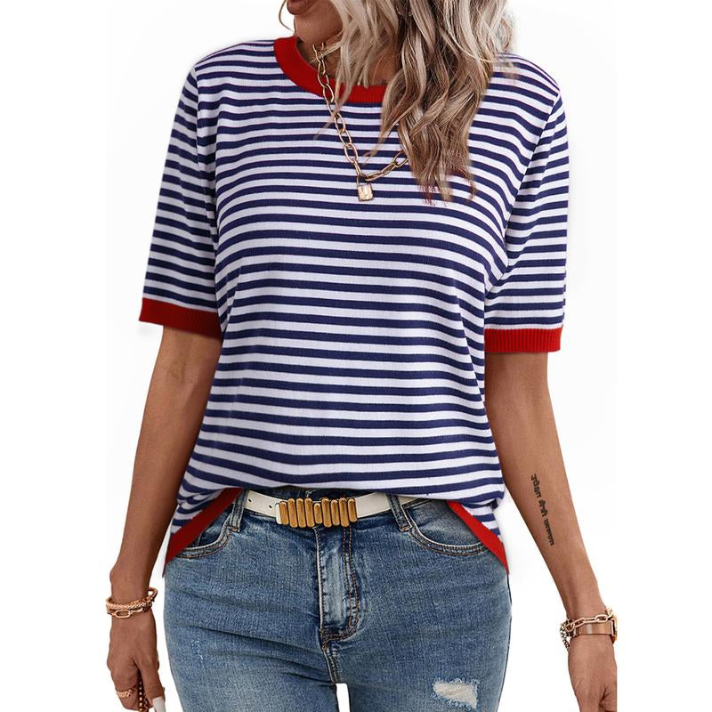 Dokotoo Womens Tops Casual Summer Crewneck Short Sleeve Striped Color Block Knit High Low Trendy Pullover Sweaters