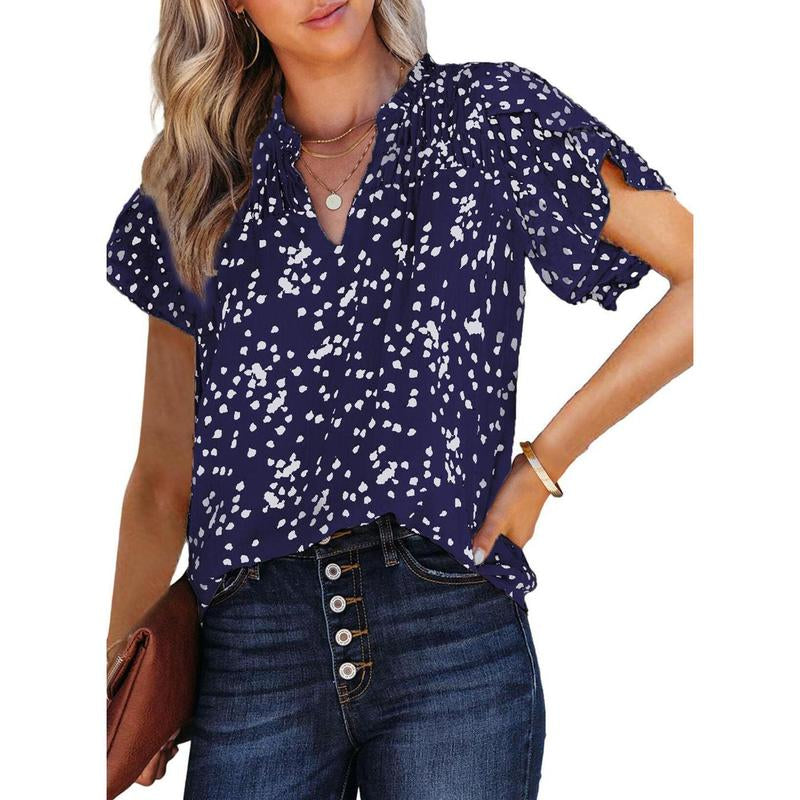 Dokotoo Women'S Casual V Neck Alicia Floral Print Smocked Short Sleeve Chiffon Blouses Bohemian Top Shirts