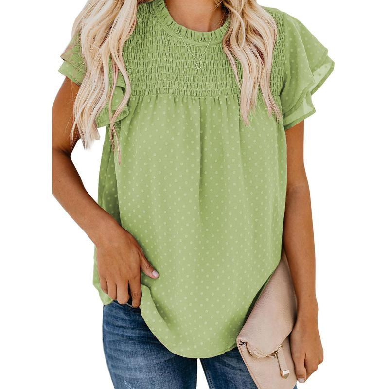 Dokotoo Womens Crewneck Lace Crochet Pom Pom Flowy Short Sleeve Casual Shirts Blouses Tops Summer Fit Denim Fashion Women'S Summer Outfits