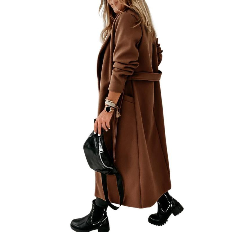 Imily Bela Womens Classic Coat Lapel Collar Open Front Belted Long Jacket M9S050