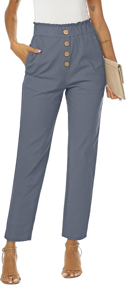 Womens Casual Pants High Waisted Work Pants Elastic Cropped Dress Paper Bag Pants with Pockets
