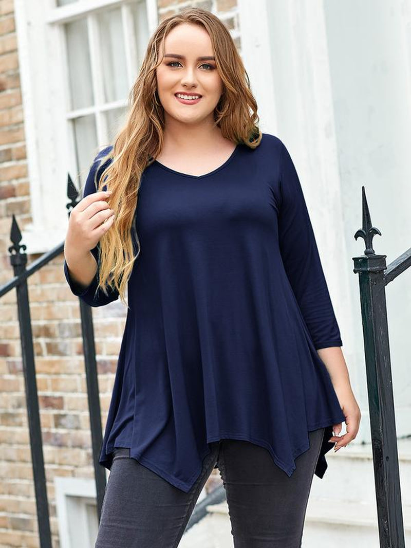 LARACE plus Size Tops for Women 3/4 Sleeve Christmas Crewneck Blouses Shirts Tunic Womenswear Asymmetrical Plussize Basic Top Dress Flowy Fabric Fit Christmas Clothes Blouse Women Tops Basic Minimalist Christmas T-Shirts Comfortable Tops Outfits Suits