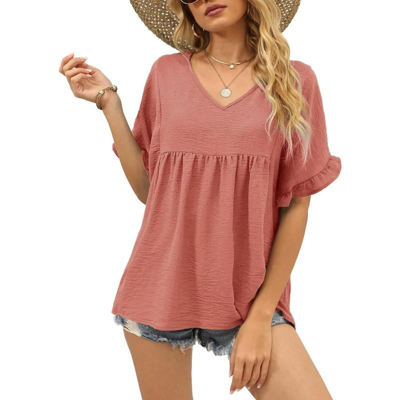 WIHOLL Womens Tops Casual V Neck Ruffle Sleeve T Shirts Babydoll Loose Fit Peplum Tops
