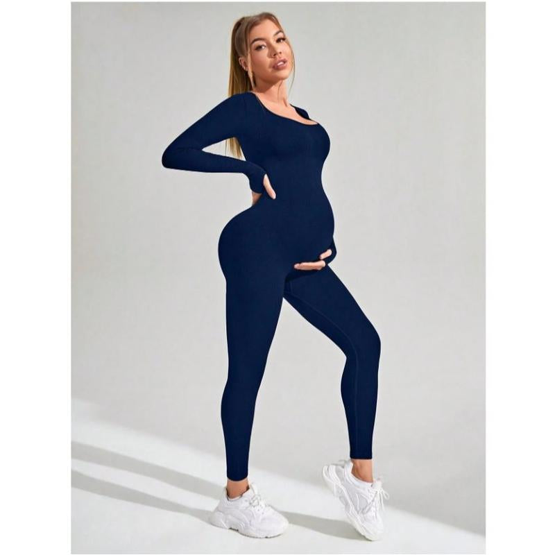 Maternity Seamless Yoga Jumpsuits Women'S One Piece Ribbed Square Neck Long Sleeved Romper with Workout Features