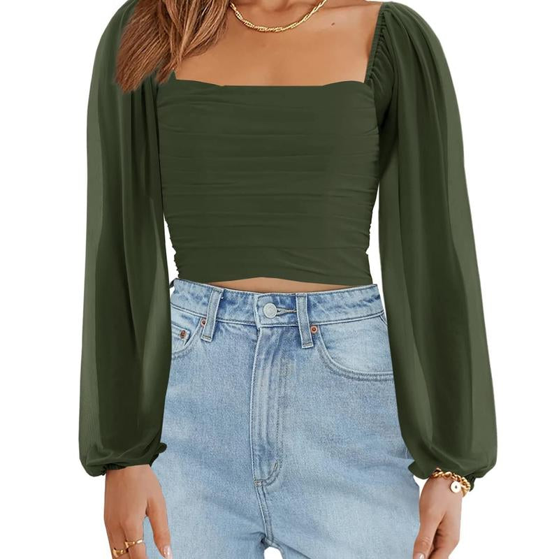 Tankaneo Women'S Summer Mesh Long Sleeve Tops Square Neck Ruched Party Club Casual Crop Blouse Shirt RP5408