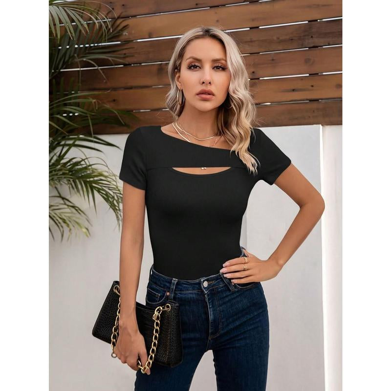 Womens Summer Short Sleeve T Shirts Knit Slim Fit One Piece Cutout Scoop Neck Going Out Date Night Tops