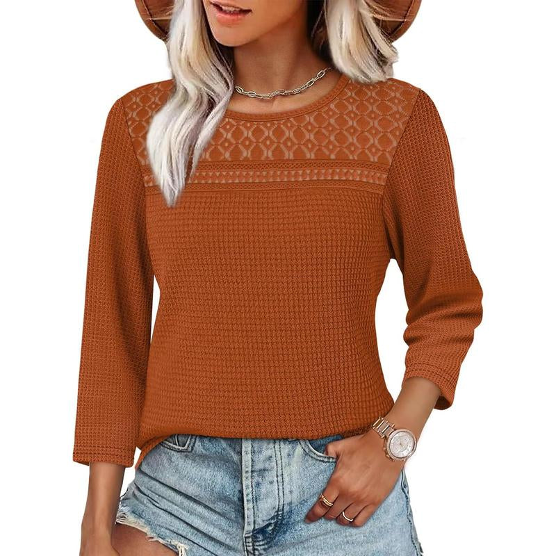OFEEFAN Women Blouses Dressy Casual 3/4 Length Sleeve Tops plus Size Fall Clothes Lace Crochet Trendy Waffle Shirts