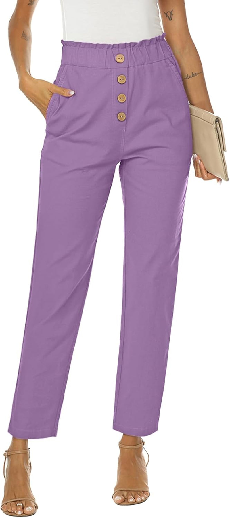 Womens Casual Pants High Waisted Work Pants Elastic Cropped Dress Paper Bag Pants with Pockets