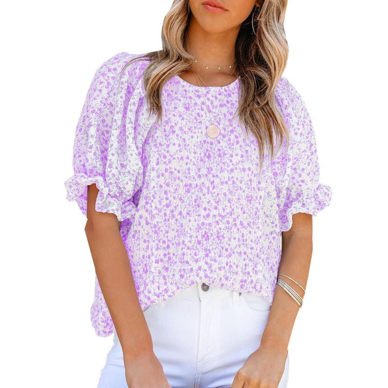 Dokotoo Floral Print Blouses for Women Crewneck Smocked Puff Sleeve Shirts Casual Babydoll Tops