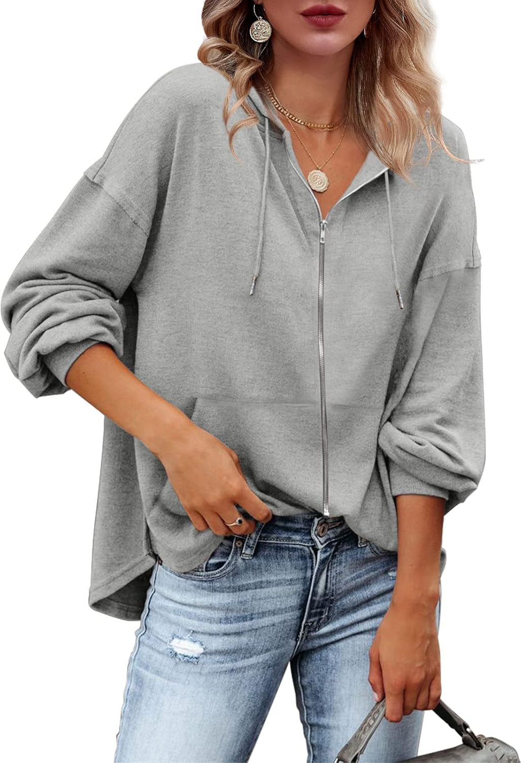 Womens Zip up Hoodies Loose Fit Sweatshirt Casual Long Sleeve Shirts for Women Pullover Tops with Pocket