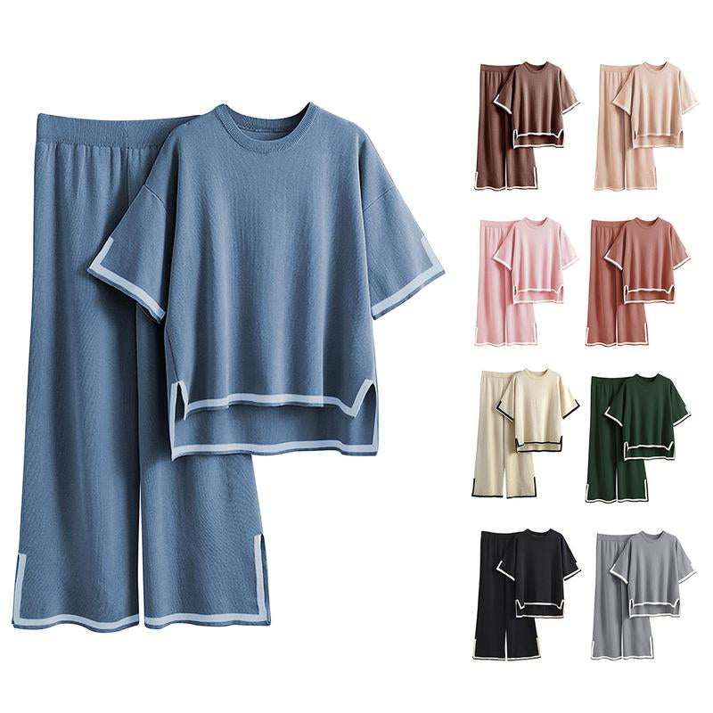 Naeduo Sweater Sets Women 2 Piece Lounge Sets Short Sleeve Knit Pullover Tops Wide Leg Pants