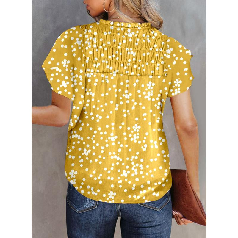 Dokotoo Women'S Casual V Neck Alicia Floral Print Smocked Short Sleeve Chiffon Blouses Bohemian Top Shirts